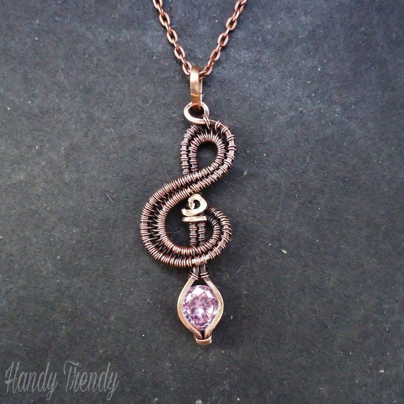Treble clef pendant, Pink cubic zirconia wire wrapped necklace, Handmade birthday gift, Music note pendant