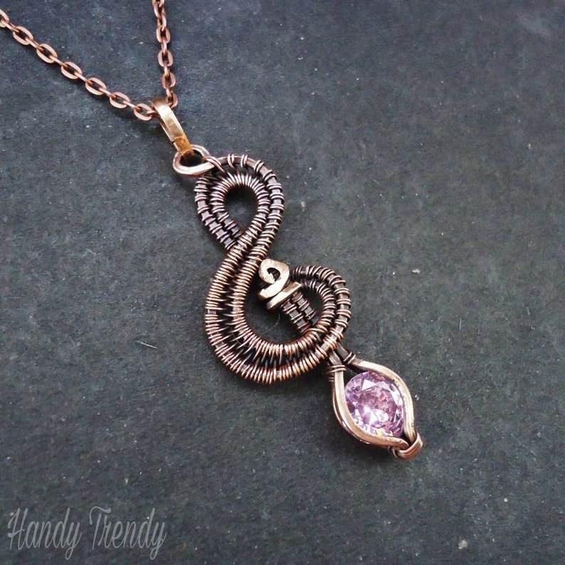Treble clef pendant, Pink cubic zirconia wire wrapped necklace, Handmade birthday gift, Music note pendant
