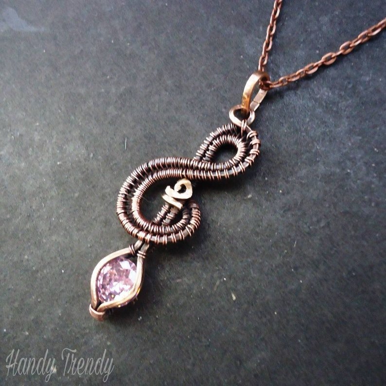Treble clef pendant, Pink cubic zirconia wire wrapped necklace, Handmade birthday gift, Music note pendant