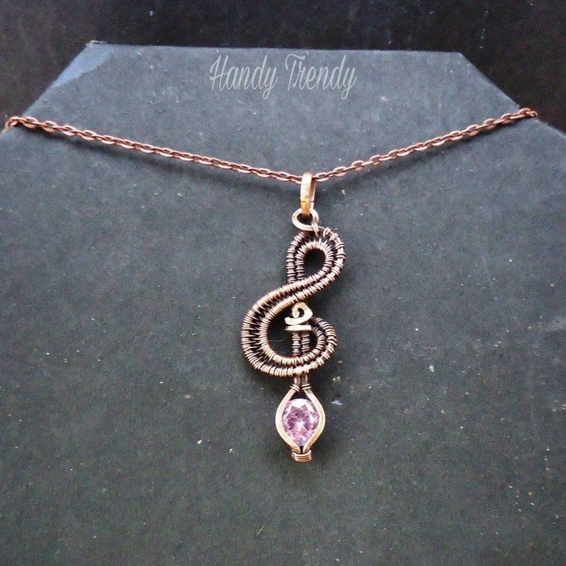 Treble clef pendant, Pink cubic zirconia wire wrapped necklace, Handmade birthday gift, Music note pendant