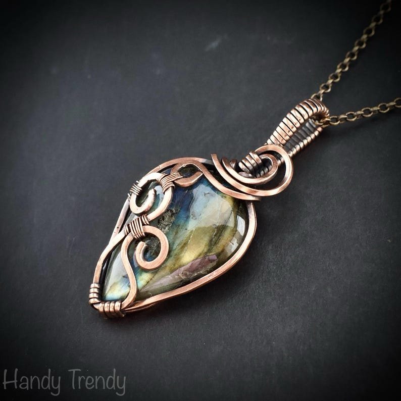Labradorite curl pendant, Copper wire wrapped jewelry, Unique handmade gift, Artisan boho necklace, One of a kind necklace