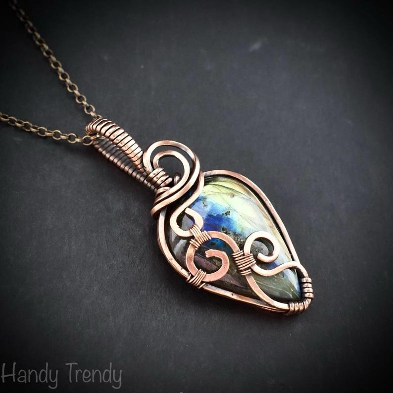 Labradorite curl pendant, Copper wire wrapped jewelry, Unique handmade gift, Artisan boho necklace, One of a kind necklace