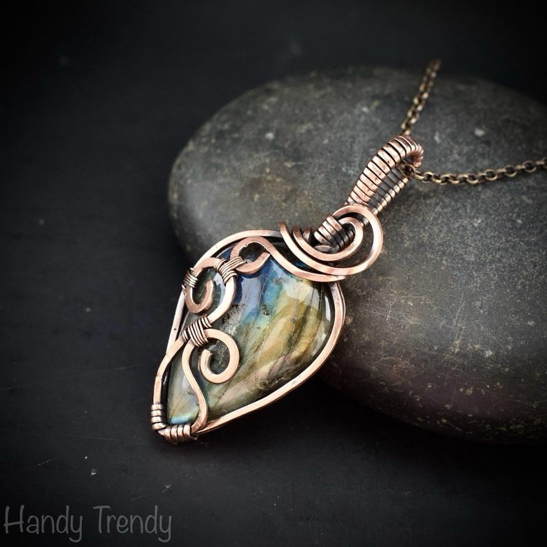 Labradorite curl pendant, Copper wire wrapped jewelry, Unique handmade gift, Artisan boho necklace, One of a kind necklace
