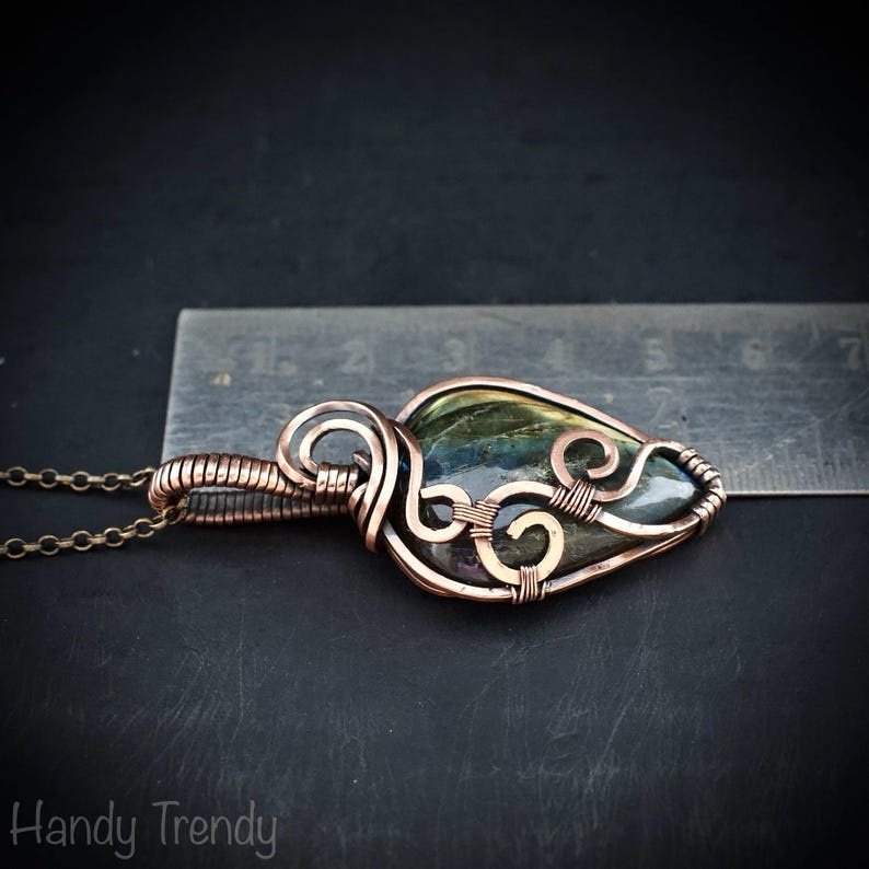 Labradorite curl pendant, Copper wire wrapped jewelry, Unique handmade gift, Artisan boho necklace, One of a kind necklace