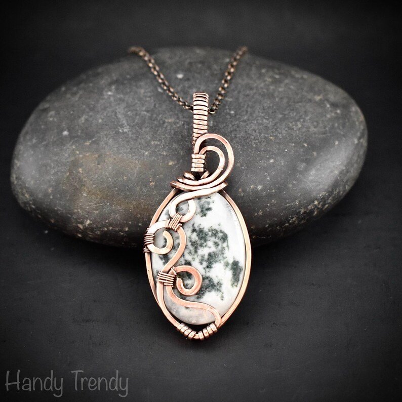 Moss agate curl pendant, Copper wire wrapped jewelry, Unique handmade gift, Artisan boho necklace, One of a kind necklace