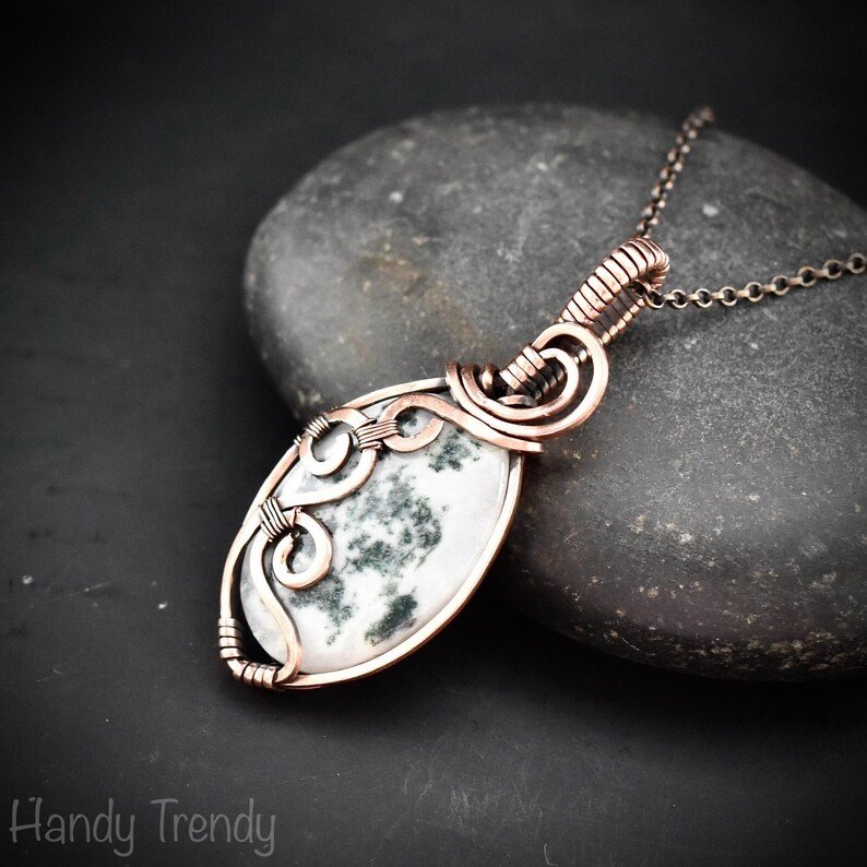 Moss agate curl pendant, Copper wire wrapped jewelry, Unique handmade gift, Artisan boho necklace, One of a kind necklace