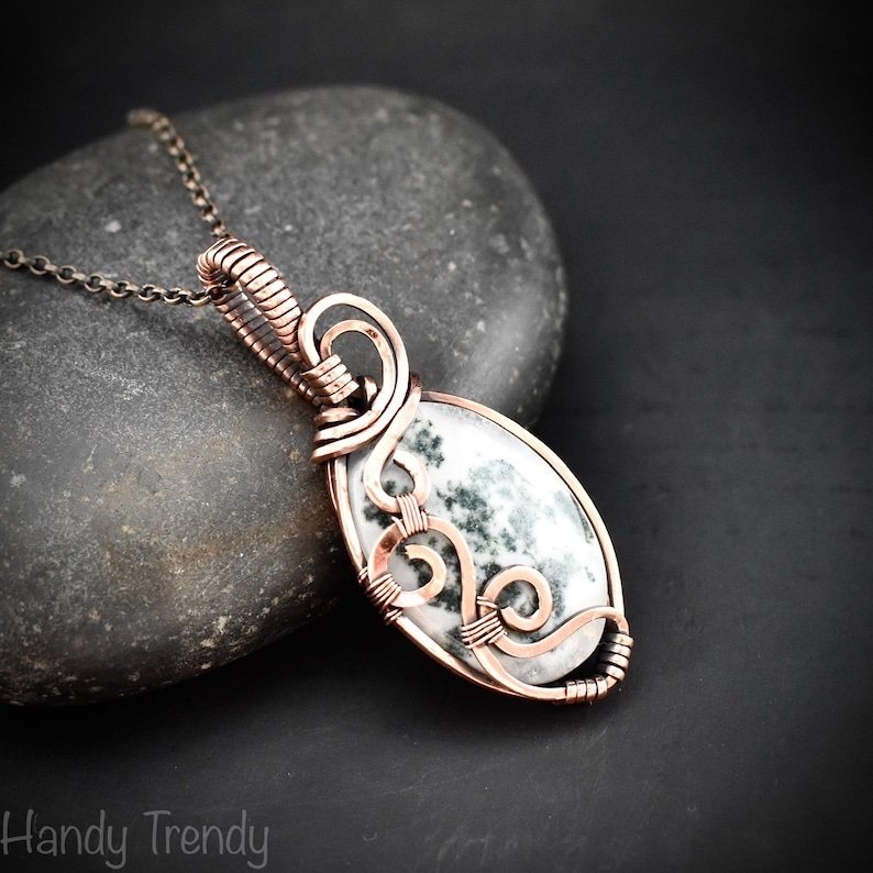 Moss agate curl pendant, Copper wire wrapped jewelry, Unique handmade gift, Artisan boho necklace, One of a kind necklace
