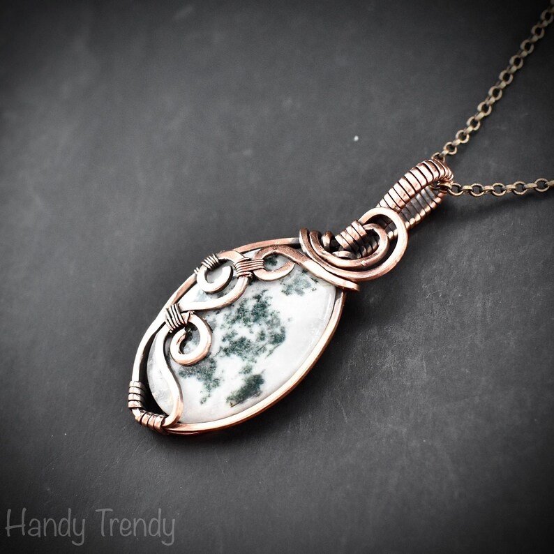 Moss agate curl pendant, Copper wire wrapped jewelry, Unique handmade gift, Artisan boho necklace, One of a kind necklace