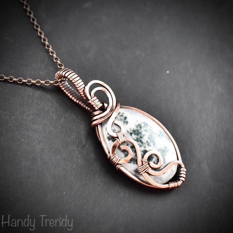 Moss agate curl pendant, Copper wire wrapped jewelry, Unique handmade gift, Artisan boho necklace, One of a kind necklace