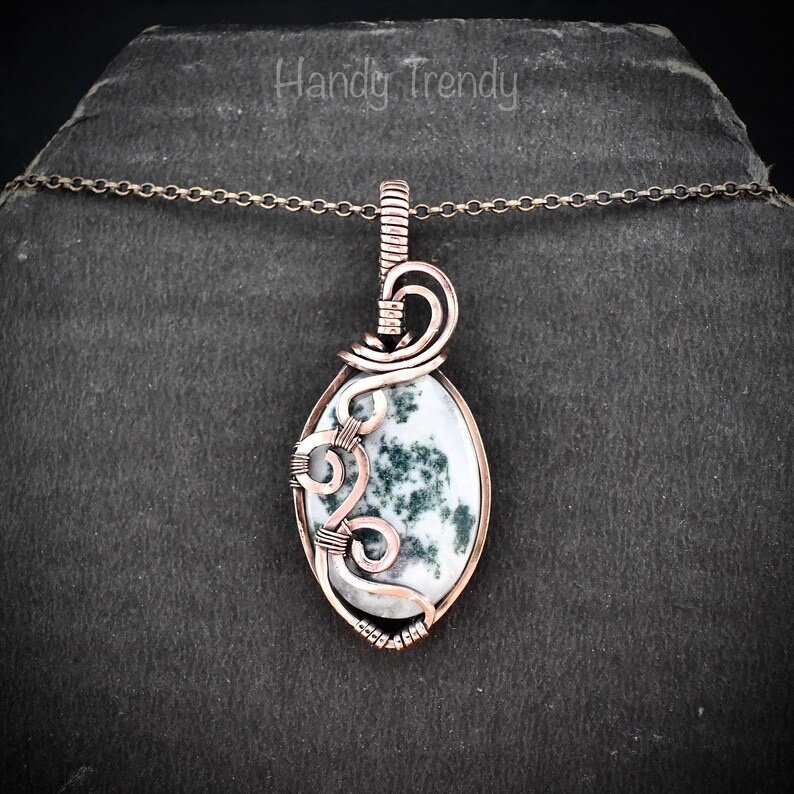 Moss agate curl pendant, Copper wire wrapped jewelry, Unique handmade gift, Artisan boho necklace, One of a kind necklace