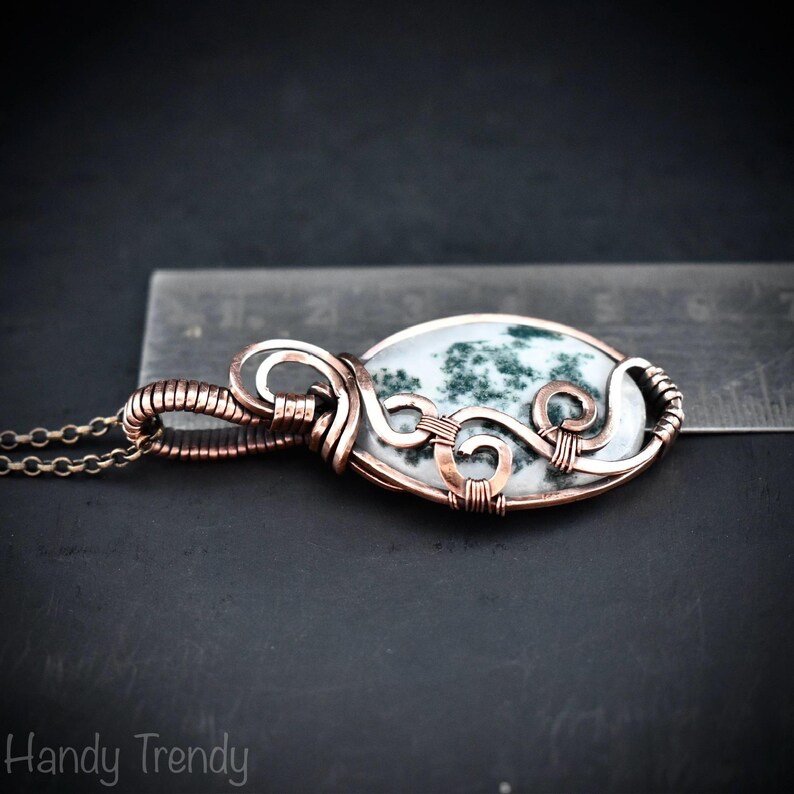 Moss agate curl pendant, Copper wire wrapped jewelry, Unique handmade gift, Artisan boho necklace, One of a kind necklace