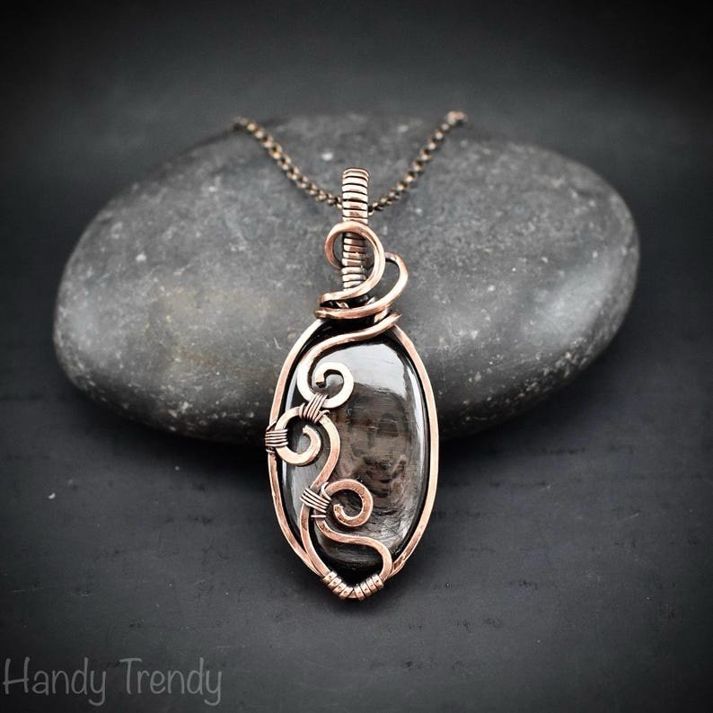 Hypersthene curl pendant, Copper wire wrapped jewelry, Unique handmade gift, Artisan boho necklace, One of a kind necklace
