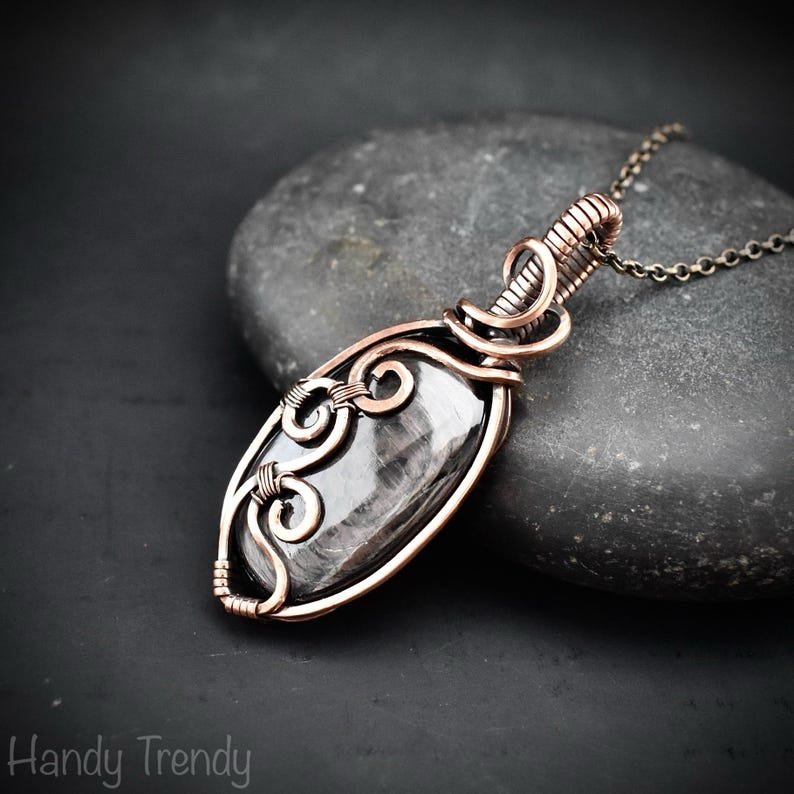 Hypersthene curl pendant, Copper wire wrapped jewelry, Unique handmade gift, Artisan boho necklace, One of a kind necklace