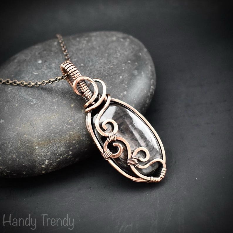 Hypersthene curl pendant, Copper wire wrapped jewelry, Unique handmade gift, Artisan boho necklace, One of a kind necklace