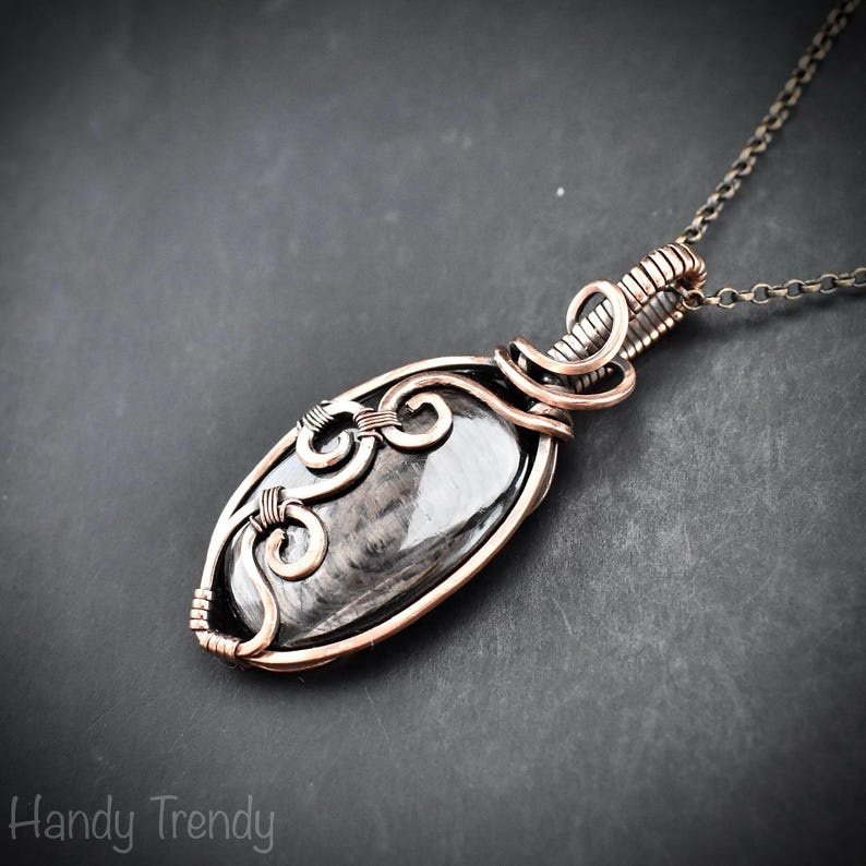 Hypersthene curl pendant, Copper wire wrapped jewelry, Unique handmade gift, Artisan boho necklace, One of a kind necklace