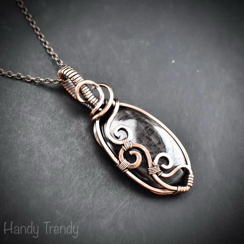 Hypersthene curl pendant, Copper wire wrapped jewelry, Unique handmade gift, Artisan boho necklace, One of a kind necklace