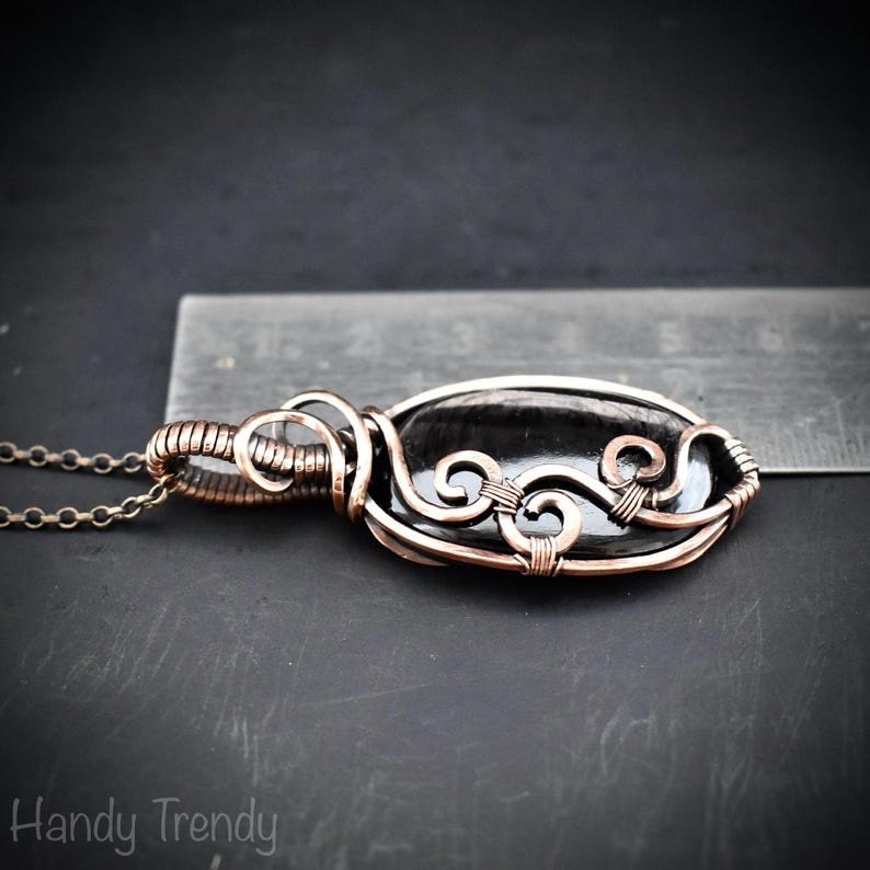 Hypersthene curl pendant, Copper wire wrapped jewelry, Unique handmade gift, Artisan boho necklace, One of a kind necklace