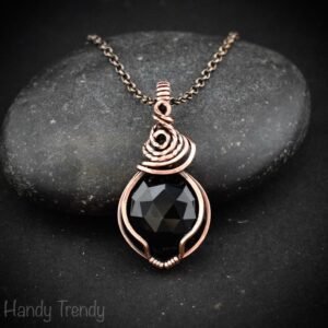 Black onyx pendant, Copper wire wrapped necklace, Unique handmade gift, One of a kind artisan boho jewelry, Small pendant