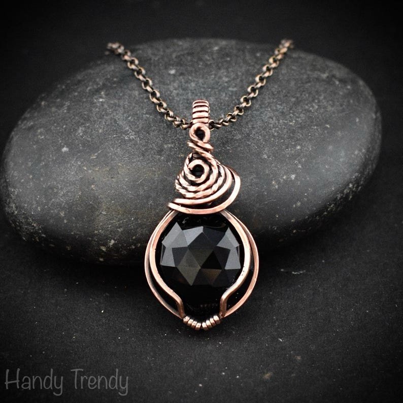 Black onyx pendant, Copper wire wrapped necklace, Unique handmade gift, One of a kind artisan boho jewelry, Small pendant