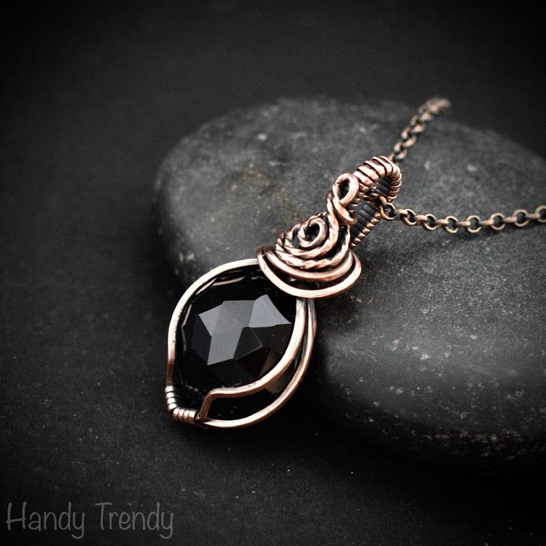 Black onyx pendant, Copper wire wrapped necklace, Unique handmade gift, One of a kind artisan boho jewelry, Small pendant
