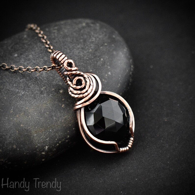 Black onyx pendant, Copper wire wrapped necklace, Unique handmade gift, One of a kind artisan boho jewelry, Small pendant