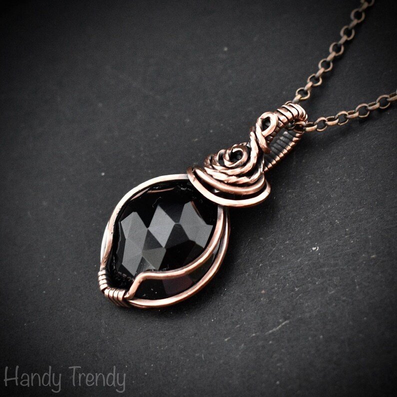 Black onyx pendant, Copper wire wrapped necklace, Unique handmade gift, One of a kind artisan boho jewelry, Small pendant