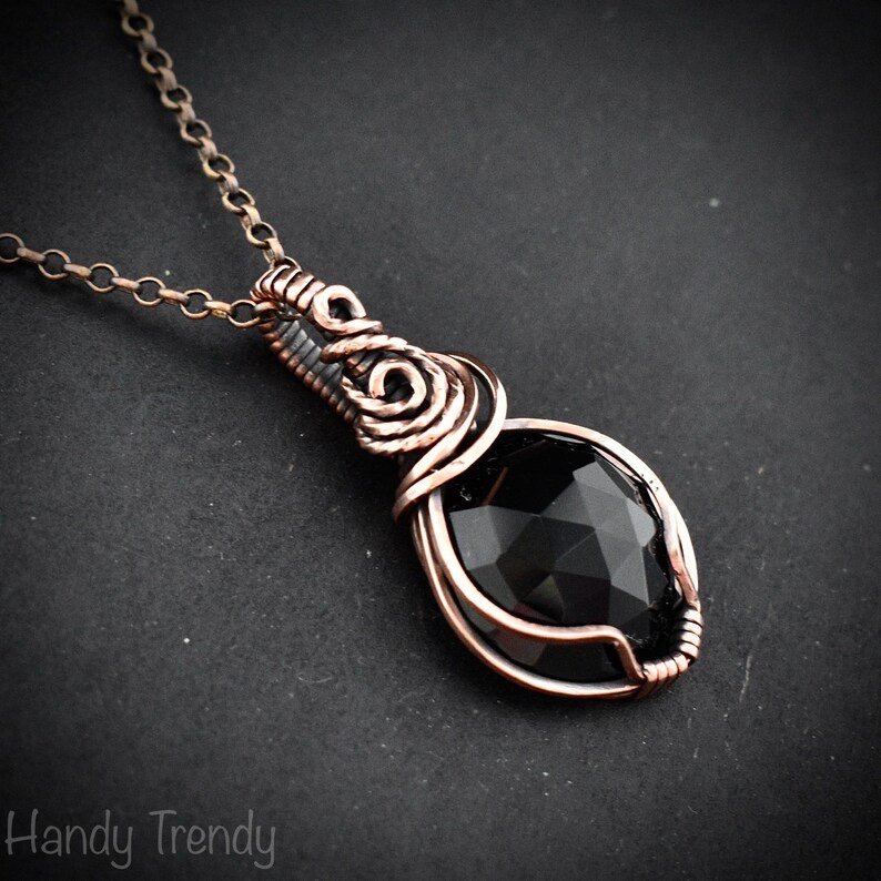 Black onyx pendant, Copper wire wrapped necklace, Unique handmade gift, One of a kind artisan boho jewelry, Small pendant