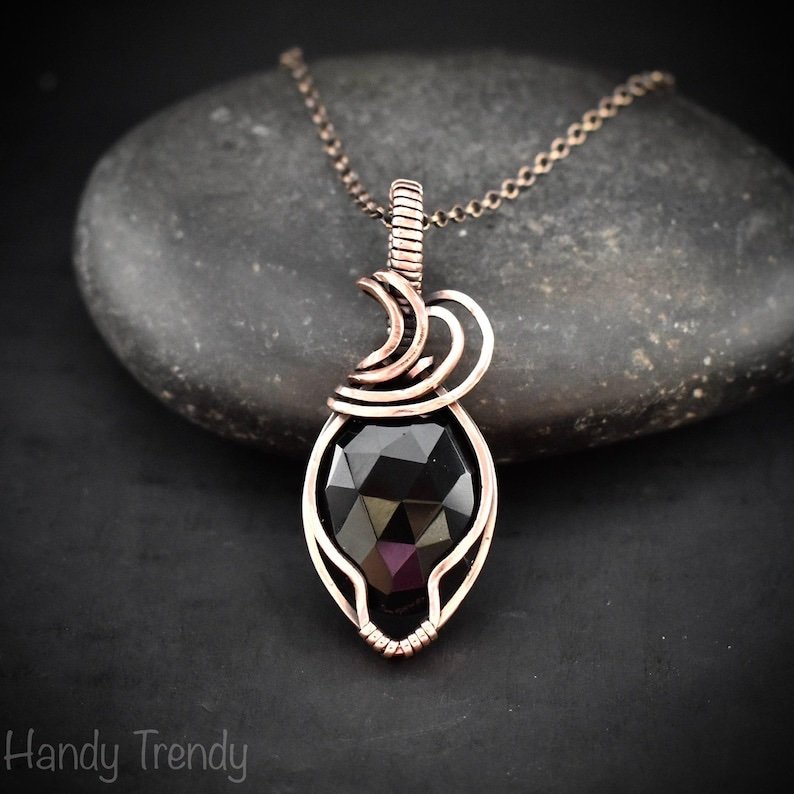 Black onyx pendant, Copper wire wrapped necklace, Unique handmade gift, One of a kind artisan boho jewelry, Small pendant