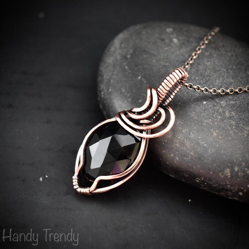 Black onyx pendant, Copper wire wrapped necklace, Unique handmade gift, One of a kind artisan boho jewelry, Small pendant