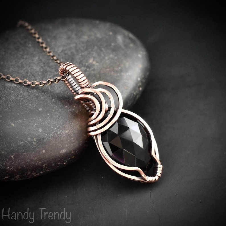 Black onyx pendant, Copper wire wrapped necklace, Unique handmade gift, One of a kind artisan boho jewelry, Small pendant