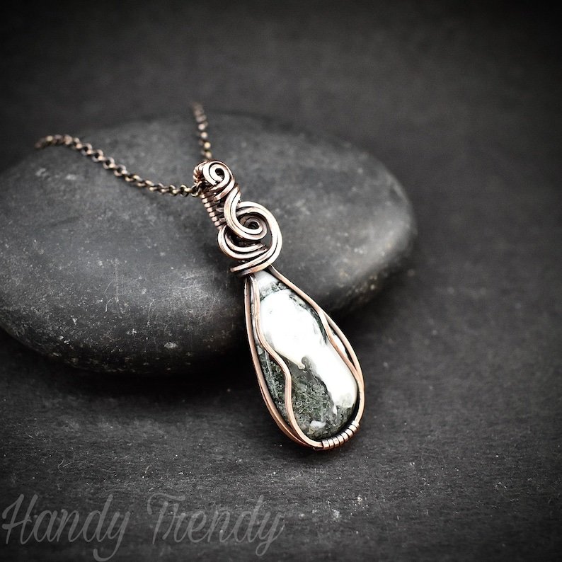 Moss agate pendant, Copper wire wrapped jewelry, Unique handmade Gift, Artisan necklace, Green and white mix necklace