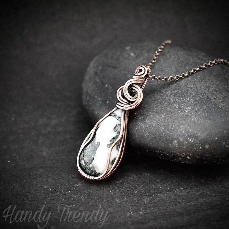 Moss agate pendant, Copper wire wrapped jewelry, Unique handmade Gift, Artisan necklace, Green and white mix necklace