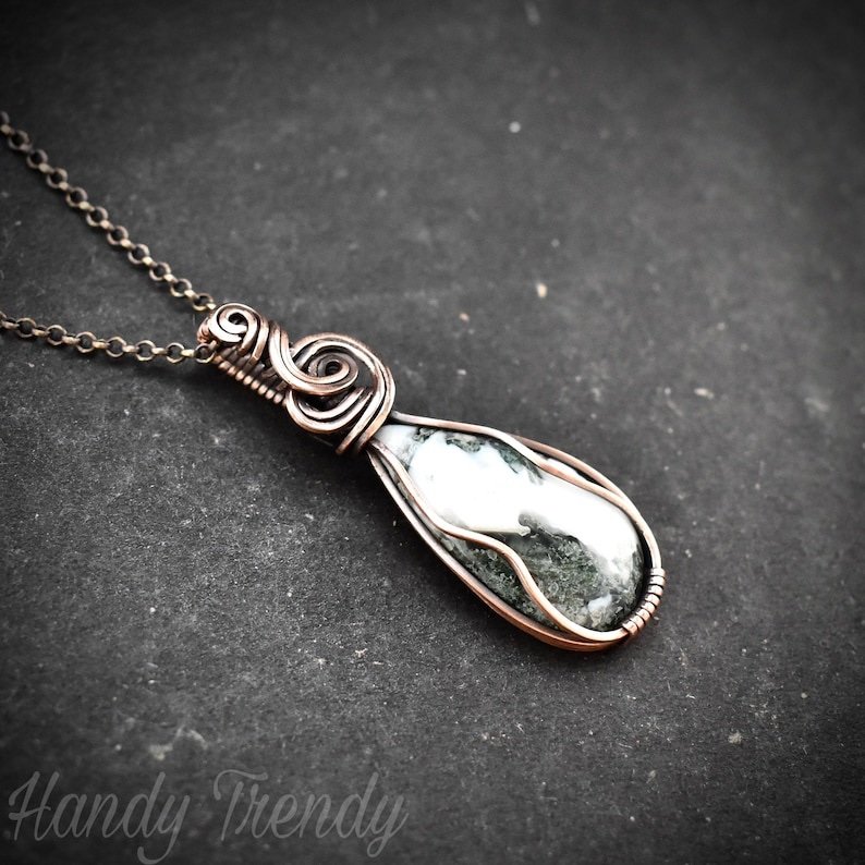 Moss agate pendant, Copper wire wrapped jewelry, Unique handmade Gift, Artisan necklace, Green and white mix necklace