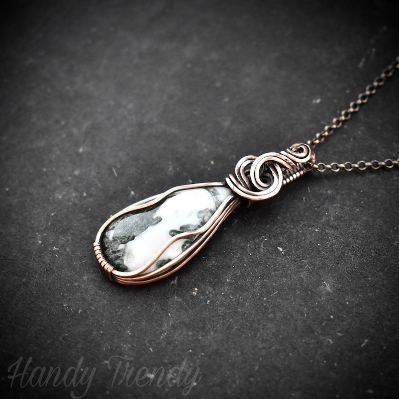 Moss agate pendant, Copper wire wrapped jewelry, Unique handmade Gift, Artisan necklace, Green and white mix necklace