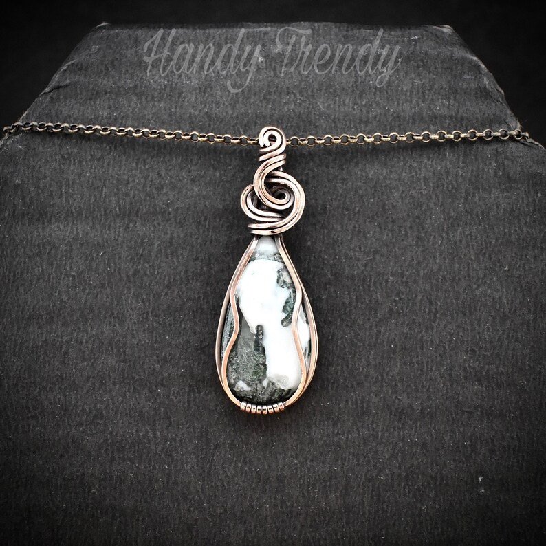 Moss agate pendant, Copper wire wrapped jewelry, Unique handmade Gift, Artisan necklace, Green and white mix necklace