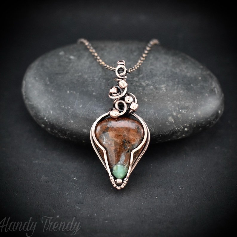 Green chrysoprase pendant, Copper wire wrapped jewelry, Unique handmade gift, Artisan boho necklace, One of a kind piece