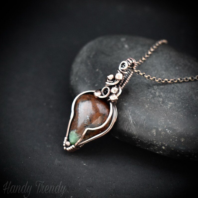 Green chrysoprase pendant, Copper wire wrapped jewelry, Unique handmade gift, Artisan boho necklace, One of a kind piece