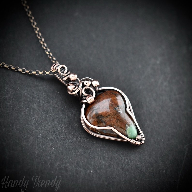 Green chrysoprase pendant, Copper wire wrapped jewelry, Unique handmade gift, Artisan boho necklace, One of a kind piece