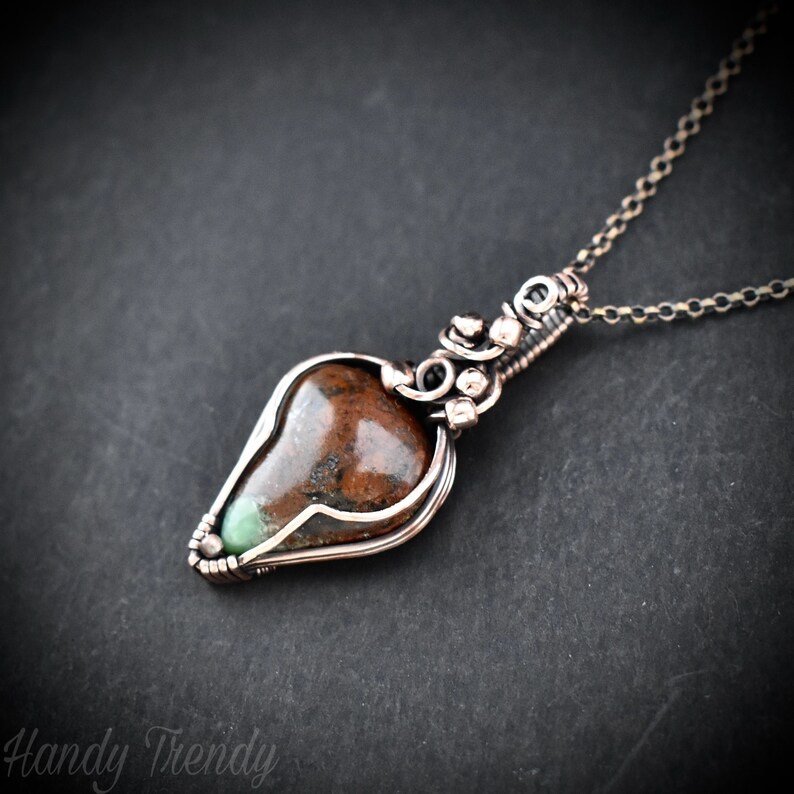 Green chrysoprase pendant, Copper wire wrapped jewelry, Unique handmade gift, Artisan boho necklace, One of a kind piece