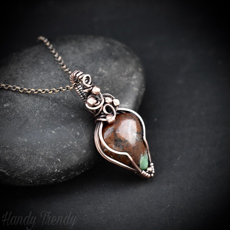 Green chrysoprase pendant, Copper wire wrapped jewelry, Unique handmade gift, Artisan boho necklace, One of a kind piece