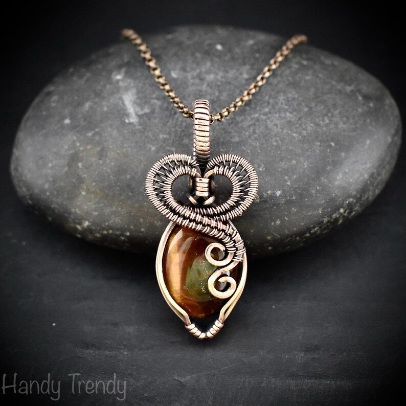 Tiger eye heart pendant, Copper Wire wrapped necklace, Unique handmade gift, Artisan boho jewelry, One of a kind jewelry