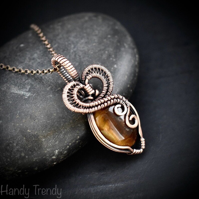 Tiger eye heart pendant, Copper Wire wrapped necklace, Unique handmade gift, Artisan boho jewelry, One of a kind jewelry