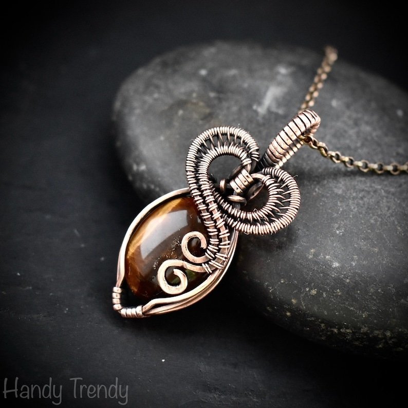 Tiger eye heart pendant, Copper Wire wrapped necklace, Unique handmade gift, Artisan boho jewelry, One of a kind jewelry