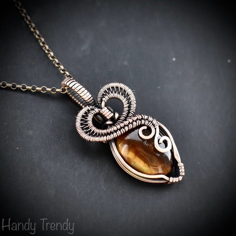 Tiger eye heart pendant, Copper Wire wrapped necklace, Unique handmade gift, Artisan boho jewelry, One of a kind jewelry