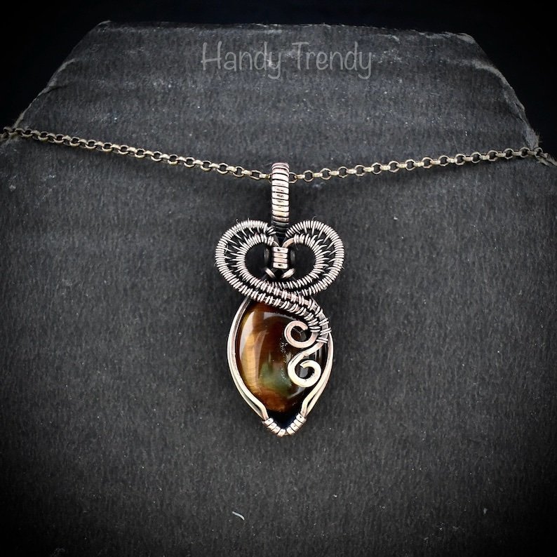Tiger eye heart pendant, Copper Wire wrapped necklace, Unique handmade gift, Artisan boho jewelry, One of a kind jewelry
