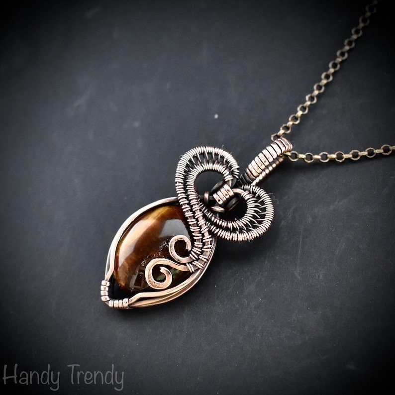 Tiger eye heart pendant, Copper Wire wrapped necklace, Unique handmade gift, Artisan boho jewelry, One of a kind jewelry