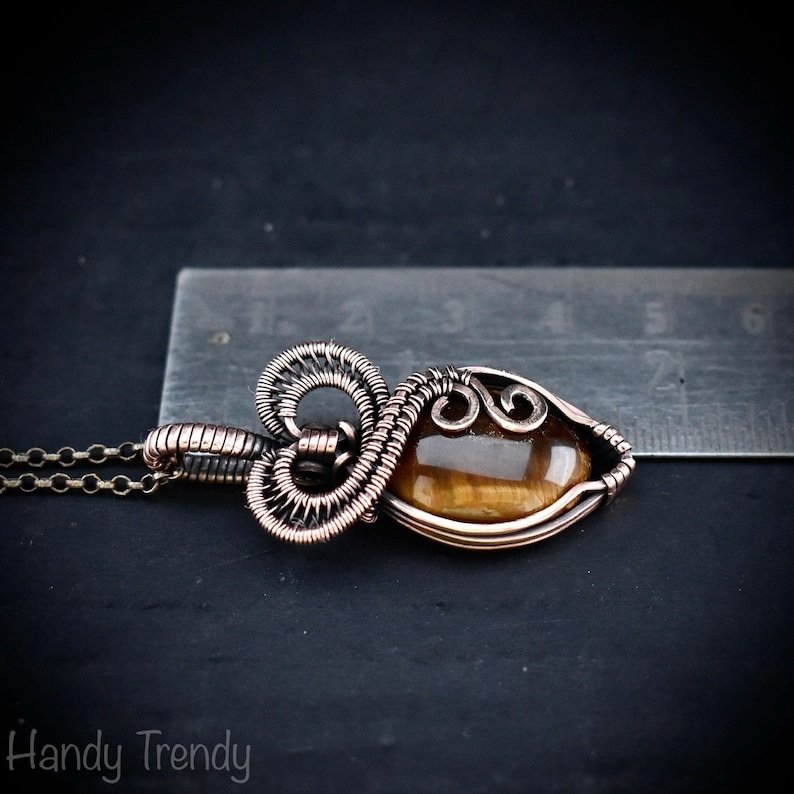 Tiger eye heart pendant, Copper Wire wrapped necklace, Unique handmade gift, Artisan boho jewelry, One of a kind jewelry