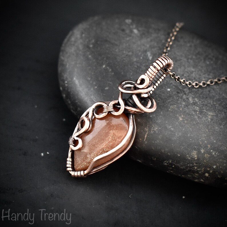 Peach amazonite pendant, Free flow copper wire wrapped necklace, Unique handmade  gift, One of a kind jewelry, Artisan boho jewelry