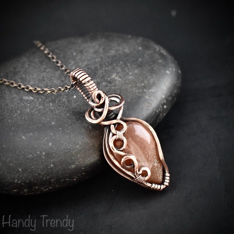 Peach amazonite pendant, Free flow copper wire wrapped necklace, Unique handmade  gift, One of a kind jewelry, Artisan boho jewelry