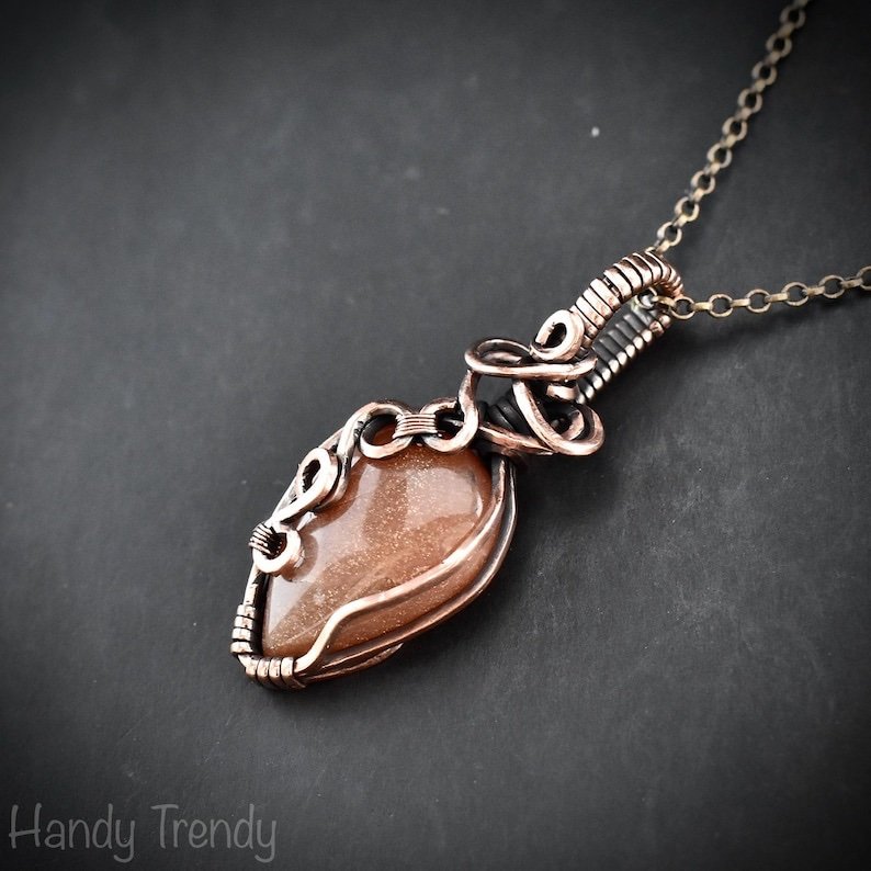 Peach amazonite pendant, Free flow copper wire wrapped necklace, Unique handmade  gift, One of a kind jewelry, Artisan boho jewelry